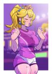  1girl blonde_hair blurry blurry_background blush border breasts closed_eyes crown dripping fanning_self gigaslime hair_ornament hair_scrunchie highres large_breasts lips mario mario_strikers motion_blur parted_lips ponytail princess_peach scrunchie shiny_skin short_shorts short_sleeves shorts sidelocks soccer_uniform sportswear super_mario_bros. sweat thick_thighs thighs white_border 