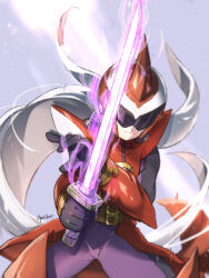 1boy black_gloves bodysuit cape closed_mouth commentary_request cowboy_shot gloves glowing glowing_sword glowing_weapon helmet highres holding holding_sword holding_weapon male_focus mega_man_(series) mega_man_battle_network_(series) pechka protoman.exe purple_bodysuit red_helmet solo sword weapon white_cape 