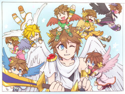  >_< 6+boys ahoge alternate_color angel angel_wings bike_shorts black_wings blonde_hair blue_background blue_eyes blush bow_(weapon) brown_hair collarbone commentary_request holding holding_bow_(weapon) holding_weapon kid_icarus kid_icarus_uprising laurel_crown multiple_boys multiple_persona one_eye_closed palutena_bow_(kid_icarus) pit_(kid_icarus) player_2 pulling_another's_clothes red_wings star_(symbol) super_smash_bros. weapon wings yui_fightpaint 