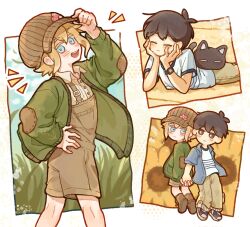  2boys absurdres adjusting_clothes adjusting_headwear antenna_hair arm_up basil_(birthday)_(omori) basil_(faraway)_(omori) basil_(omori) black_hair blue_jacket blush boots bright_pupils brown_boots brown_hat brown_overalls brown_pants cardigan cat chibi closed_eyes closed_mouth collared_jacket collared_shirt commentary double-parted_bangs green_cardigan hair_between_eyes hand_on_own_hip hands_on_own_cheeks hands_on_own_face hat highres holding_hands jacket long_shirt looking_at_another looking_at_viewer lying male_focus mewo multiple_boys newsboy_cap omori on_stomach open_cardigan open_clothes open_jacket open_mouth overall_shorts overalls pants shirt short-sleeved_jacket short_sleeves sidelocks smile sunny_(birthday)_(omori) sunny_(omori) symbol-only_commentary t-shirt teeth thatbirdcanfly upper_teeth_only watch watch white_pupils white_shirt 