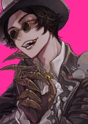  1boy black_hair brown_gloves brown_jacket clawed_gauntlets fake_claws finger_claws gloves glowing glowing_eyes gold_teeth hat identity_v jacket looking_at_viewer male_focus norton_campbell norton_campbell_(mr._mole) official_alternate_costume pince-nez pink_background satou_saori scar scar_across_eye scar_on_face sharp_teeth shirt slit_pupils smile solo stuffed_animal stuffed_toy sunglasses teeth top_hat white_shirt 