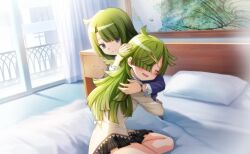  2girls ^_^ aki_mabayu artist_request asymmetrical_bangs back_bow bags_under_eyes balcony bead_bracelet beads black_skirt blue_shirt blunt_bangs blunt_ends blush bow bracelet closed_eyes closed_mouth collared_shirt cowboy_shot crying curtains dot_nose game_cg green_hair hair_ornament hair_over_one_eye hairclip happy happy_tears high_collar highres hug jewelry juliet_sleeves lace-trimmed_shirt lace-trimmed_sleeves lace_trim long_hair long_sleeves magia_record:_mahou_shoujo_madoka_magica_gaiden mahou_shoujo_madoka_magica mahou_shoujo_madoka_magica_magia_exedra medium_hair messy_hair miniskirt mitakihara_school_uniform mother_and_daughter multiple_girls nightstand official_art on_bed open_mouth painting_(object) parted_bangs pillow plaid_clothes plaid_skirt pleated_skirt pocket puffy_sleeves raised_inner_eyebrows school_uniform shirt sitting skirt sleeve_cuffs smile tears under_covers very_long_hair violet_eyes window yellow_bow yellow_shirt 