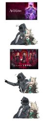  1girl 1other absurdres altacitrus amoris_(bang_dream!) animal_ear_fluff animal_ears arknights bang_dream! bang_dream!_it's_mygo!!!!! black_choker black_jacket cat_ears cat_girl choker copyright_name doctor_(arknights) doloris_(bang_dream!) dress excited gaijin_4koma_(meme) green_dress green_hair hair_ribbon highres hood hood_up infection_monitor_(arknights) jacket juliet_sleeves long_hair long_sleeves looking_at_another meme misumi_uika morpheus_(arknights) mortis_(bang_dream!) multiple_views oblivionis_(bang_dream!) official_art_inset open_mouth puffy_sleeves ribbon sidelocks simple_background smile timoris_(bang_dream!) togawa_sakiko wakaba_mutsumi white_background yahata_umiri yuutenji_nyamu 