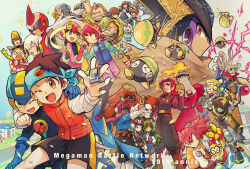  >_< 6+boys 6+girls absurdres anniversary arm_up balding bass.exe_(mega_man) black_bodysuit black_pants blonde_hair blue_headband blue_jacket bodysuit braid brown_cloak character_request check_character clenched_hand cloak colorman.exe commentary_request count_zap_(mega_man) dark-skinned_male dark_skin dex_oyama_(mega_man) dr._wily_(mega_man) elecman.exe eugene_chaud_(mega_man) fire fireman.exe glide.exe_(mega_man) gloves green_hair grin gutsman.exe headband heart helmet highres higsby_(mega_man) holding_hands horns iceman.exe innertube jacket lan_hikari_(mega_man) lips magicman.exe mayl_sakurai_(mega_man) mega_man_(series) mega_man_battle_network_(series) megaman.exe miyu_(mega_man) mohawk mr._match_(mega_man) ms._madd_(mega_man) ms._mari_(mega_man) multiple_boys multiple_girls one_eye_closed outstretched_arm pants pantyhose parka party_popper pechka pink_bodysuit protoman.exe raglan_sleeves red_eyes red_hair robot roll.exe_(mega_man) sal_(mega_man) sharkman.exe skullman.exe smile striped_clothes striped_pantyhose swim_ring tripping twin_braids twintails white_gloves woodman.exe yahoot_(mega_man) yai_ayanokoji_(mega_man) yellow_helmet 