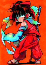  1girl :/ adapted_costume black_eyes black_hair bow chest_sarashi clothing_cutout detached_sleeves floating_clothes floating_hair full_body gohei hair_bow hair_tubes hakama hakama_pants hakurei_reimu highres hip_vent holding holding_gohei inuyama_konan japanese_clothes looking_at_viewer looking_back orange_background pants ponytail red_bow red_hakama sandals sarashi shide sidelocks simple_background solo touhou zouri 