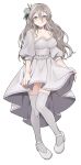  1girl alternate_costume breasts brown_eyes dress flower grey_hair hair_between_eyes hair_flower hair_ornament highres kantai_collection large_breasts pola_(kancolle) rose simple_background skirt_hold solo thick_eyebrows thigh-highs toriniku_senshi_chikinman wavy_hair white_background white_dress white_flower white_footwear white_rose white_thighhighs 