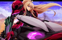  absurdres andoryu_anzuru arm_cannon blonde_hair blue_eyes desert highres long_hair looking_at_viewer metroid metroid_prime_4:_beyond motor_vehicle motorcycle on_motorcycle parted_lips ponytail power_suit_(metroid) samus_aran vi-o-la vi-o-la_suit weapon 