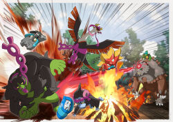  absurdres bird black_sclera blood_moon_(pokemon) bloodmoon_ursaluna blue_sky border bright_pupils claws closed_eyes closed_mouth clouds cloudy_sky colored_sclera colored_tongue commentary_request day debris earth_power_(pokemon) emphasis_lines empty_eyes energy_beam explosion fangs fezandipiti glassy0302 green_eyes headband highres mask mismatched_sclera munkidori no_humans nostrils ogerpon ogerpon_(cornerstone_mask) ogerpon_(hearthflame_mask) ogerpon_(teal_mask) ogerpon_(wellspring_mask) okidogi open_mouth outdoors pokemon pokemon_(creature) pokemon_focus pokemon_move purple_headband purple_sash purple_scarf purple_tongue riding riding_pokemon sash scarf sharp_teeth sky standing star-shaped_pupils star_(symbol) symbol-shaped_pupils teeth tongue tongue_out tree unworn_mask ursaluna white_border white_pupils yellow_eyes 