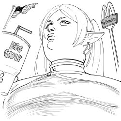  1girl absurdres american_flag bb_(baalbuddy) big_gulp cup earrings elf frieren from_below high_collar highres holding holding_cup jewelry long_hair mcdonald's meme monochrome pointy_ears solo sousou_no_frieren upward_angle_frieren_drawing_(meme) 