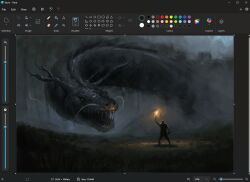  1other art_program_in_frame burning christian_young creature fire fog forest from_behind full_body grey_sky holding holding_sword holding_torch holding_weapon leviathan_(mythology) microsoft_paint_(medium) microsoft_paint_(software) monster nature original outdoors scenery screenshot sharp_teeth sky standing sword teeth torch tree weapon 