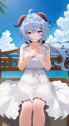  1girl absurdres ahoge alternate_costume bare_shoulders beach bird black_bow blue_hair blue_sky bow breasts clenched_hands closed_mouth clouds cloudy_sky collarbone commentary_request cute day dress feet_out_of_frame floating_hair ganyu_(genshin_impact) genshin_impact goat_horns hair_between_eyes hair_bow hands_on_own_chest hands_up highres horns hoyoverse long_hair looking_at_viewer low_ponytail medium_breasts mishirosora ocean on_bench outdoors palm_leaf ponytail ribbon seagull shadow sidelocks sitting sky sleeveless sleeveless_dress smile solo summer sunlight violet_eyes white_dress white_ribbon 