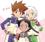  3boys :d belt belt_buckle black_hair blue_eyes blush brown_hair buckle clenched_hand closed_mouth commentary_request fingerless_gloves gary_oak gloves goh_(pokemon) green_eyes hand_up highres horace_(pokemon) jacket looking_at_viewer male_focus multiple_boys open_mouth pants pokemon pokemon_(anime) pokemon_journeys pokesumomo purple_gloves red_gloves short_hair smile spiky_hair star_(symbol) teeth tongue upper_teeth_only v 