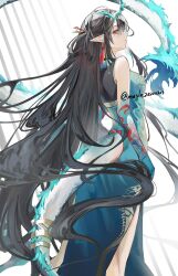  1girl absurdres arknights black_hair china_dress chinese_clothes colored_extremities colored_skin commentary_request dragon_girl dragon_horns dragon_tail dress dusk_(arknights) dusk_(everything_is_a_miracle)_(arknights) from_side green_hands green_horns green_skin highres horns looking_at_viewer maple_20200303 pointy_ears red_eyes solo tail tail_ornament tail_ring 