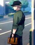  1boy alternate_costume bag bakugou_katsuki baseball_cap bead_bracelet beads black_bag black_headwear blonde_hair blue_pants blurry blurry_background boku_no_hero_academia bracelet carrying_bag casual closed_mouth collared_shirt day fanny_pack film_grain freestyle18 from_behind from_side green_shirt hair_through_headwear hand_in_pocket handbag hat hedge jewelry jitome light looking_away male_focus orange_bag outdoors pants profile red_eyes road shade shirt short_hair sleeves_past_elbows sleeves_rolled_up solo spiky_hair standing street sunlight tree upper_body utility_pole watch watch zipper_pull_tab 