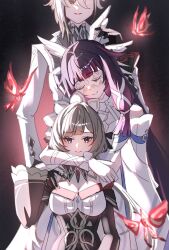  3girls arlecchino_(genshin_impact) black_hair black_hands blue_eyes breasts brown_hair bug butterfly closed_eyes colored_extremities columbina_(genshin_impact) commentary_request crimson_lotus_moth_(genshin_impact) detached_collar dress eye_mask frilled_cuffs genshin_impact grey_hair hand_on_another's_shoulder head_out_of_frame head_tilt head_wings headdress highres hug hug_from_behind jacket long_hair looking_at_viewer maaashuro mask medium_breasts multicolored_hair multiple_girls purple_hair sandrone_(genshin_impact) short_hair_with_long_locks smile white_dress white_jacket wide_sleeves wings 