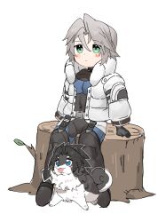  2boys aged_down animal animalization baby_animal belt black_gloves black_pants blue_eyes blush closed_mouth dog final_fantasy final_fantasy_vii final_fantasy_vii:_ever_crisis full_body gloves green_eyes grey_hair hair_between_eyes hattouissenbaka highres jacket male_focus multiple_boys official_alternate_costume open_clothes open_jacket pants puppy sephiroth sephiroth_(ever_crisis) sephiroth_(natant_jacket) short_hair sitting tree_stump white_background white_jacket zack_fair 
