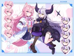  2girls :d ahoge animal_ears ankle_cuffs antenna_hair belt belt_pouch black_boots black_choker black_horns black_pantyhose black_shoes black_skirt boots braid braided_bangs braided_bun breasts chest_belt chest_harness choker closed_mouth coat coat_dress collar collared_shirt colored_shoe_soles commentary_request copyright_name cropped_shirt crown_braid demon_horns demon_tail double-parted_bangs double_bun dress frilled_coat frilled_skirt frills full_body grey_hair hair_bun hakui_koyori hakui_koyori_(1st_costume) harness hexagon_hair_ornament hololive horns la+_darknesss la+_darknesss_(1st_costume) lab_coat lapels large_breasts long_hair long_sleeves looking_at_another loose_necktie metal_collar miniskirt multicolored_hair multiple_expressions multiple_girls neckerchief necktie notched_lapels official_art open_mouth pantyhose pink_hair pink_necktie pisuke_wan pleated_skirt pouch purple_coat purple_hair purple_pantyhose shirt shoes sidelocks single_hair_streak single_leg_pantyhose skirt sleeves_past_fingers sleeves_past_wrists slit_pupils smile streaked_hair striped_horns tail test_tube very_long_hair violet_eyes virtual_youtuber wavy_hair white_belt white_coat white_shirt wolf_ears wolf_girl wolf_tail yellow_eyes yellow_neckerchief zoom_layer 