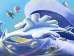  anorith black_eyes blue_sky closed_mouth commentary_request day flying from_side full_body highres kurashina_(krsn_poke324) looking_at_another looking_up lugia ocean omanyte outdoors partial_commentary pokemon pokemon_(creature) profile shell sky solo_focus water waves 