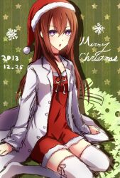  1girl 2013 :o annoyed brown_hair christmas dress fur-trimmed_dress fur_trim hair_between_eyes hat highres kneeling lab_coat long_hair makise_kurisu merry_christmas miniskirt nishijou_myu santa_costume santa_dress santa_hat science_adventure short_dress sitting skirt solo steins;gate thigh-highs violet_eyes wariza white_thighhighs 
