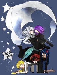  1girl 4boys allen_walker anger_vein angry anklet black_boots black_coat black_gloves black_headband black_jacket black_order_uniform black_pants black_shirt black_skin black_vest blank_eyes blonde_hair blue_background blue_hair blue_thighhighs bob_cut boots braid braided_ponytail brown_boots cape carrying carrying_person clenched_hands closed_eyes coat colored_skin commentary_request copyright_name creature d.gray-man dress_shirt eyepatch facial_mark facing_another facing_down facing_viewer fingerless_gloves floating_cape frown gloves golem_(d.gray-man) grey_eyes grey_pants grey_vest hair_between_eyes hand_on_ground headband high_ponytail hood hood_down hooded_cape horns howard_link jacket jewelry kanda_yuu lavi legs lenalee_lee light_smile long_hair long_sleeves looking_at_another looking_down lying lying_on_person mask messy_hair military military_uniform miniskirt multiple_boys on_stomach one-eyed one_eye_covered open_mouth pants parted_lips partial_commentary pleated_skirt ponytail princess_carry profile purple_hair red_hair red_skirt reverse_princess_carry scar scar_across_eye scar_on_face shaking shirt short_hair shouting shumiko_(kamenokoueki) sidelocks single_braid single_glove sitting sitting_on_person skirt star_(symbol) striped_clothes striped_coat striped_jacket sweat sweatdrop tail thigh-highs thighs timcanpy turtleneck turtleneck_jacket unworn_mask vertical-striped_clothes vertical-striped_jacket very_long_cape vest white_cape white_gloves white_hair white_mask white_shirt wings 