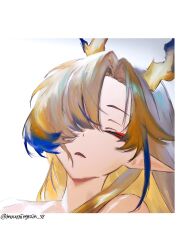  1girl absurdres arknights artist_name blonde_hair blue_hair closed_eyes dragon_horns eyeshadow grey_hair hair_over_one_eye highres horns makeup mourningrain_sr multicolored_hair parted_lips red_eyeshadow shu_(arknights) solo twitter_username upper_body 
