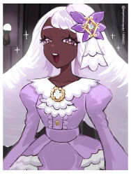  1girl :d border collarbone commentary dark-skinned_female dark_skin dress eyelashes happy highres indoors jacinthe_(pokemon) long_hair mayotsunamayo open_mouth pokemon pokemon_legends:_z-a puffy_sleeves purple_dress smile solo sparkle teeth tilted_headwear tongue twitter_username upper_teeth_only violet_eyes white_border 