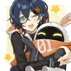  1girl bandana bandana_around_neck bangboo_(zenless_zone_zero) belle_(zenless_zone_zero) black_shirt blue_hair blush bracelet commentary crossed_bangs dotted_background earclip earrings eous_(zenless_zone_zero) green_eyes hair_between_eyes hair_ornament highres holding hood hooded_jacket jacket jewelry letter_hair_ornament looking_at_viewer nrso24944 one_eye_closed open_mouth orange_bandana shirt short_hair sleeveless sleeveless_jacket star_(symbol) symbol-only_commentary teeth two-tone_background upper_body upper_teeth_only white_background yellow_background zenless_zone_zero 