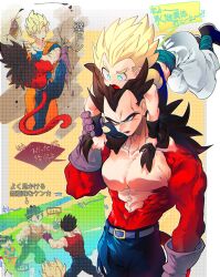  black_hair blue_eyes blue_sash commentary_request dougi dragon_ball dragon_ball_gt gloves gotenks highres large_pectorals long_hair monkey_boy monkey_tail multiple_boys muscular muscular_male ommmyoh open_mouth pants pectorals red_fur saiyan sash son_goku spiky_hair super_saiyan super_saiyan_1 super_saiyan_4 tail translation_request twitter_username vegeta 