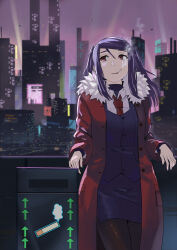  1girl asakiri_koko cigarette coat commentary_request fur-trimmed_coat fur_trim highres jill_stingray long_hair necktie night outdoors pencil_skirt purple_hair purple_skirt purple_vest red_necktie skirt smoking solo va-11_hall-a vest violet_eyes winter_clothes winter_coat 