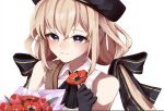  1girl amahara_nue ascot assault_lily bare_shoulders beret black_ascot black_gloves black_headwear black_ribbon blonde_hair blush bouquet closed_mouth collared_shirt crossed_bangs flower gloves hair_between_eyes hair_ribbon hand_up hat highres holding holding_flower light_smile long_hair looking_away low_twintails odaiba_girls_high_school_uniform red_flower ribbon school_uniform shirt shoulder_strap sidelocks simple_background solo striped striped_ribbon takehisa_nakaba twintails upper_body violet_eyes white_background white_shirt 