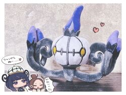  2girls black_hair blush bob_cut brown_hair chandelure chibi chibi_inset clenched_hands closed_eyes closed_mouth commentary_request eyelashes gradient_hair gwynn_(pokemon) harmony_(pokemon) hat heart highres multicolored_hair multiple_girls noi_(noi_pk27) open_mouth photo_background pokemon pokemon_legends:_z-a purple_hair real_life_insert short_hair speech_bubble translation_request upper_body violet_eyes 