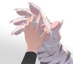  1boy 1girl animal_hands arknights artist_request doctor_(arknights) female_doctor_(arknights) fingernails furry furry_male hand_focus highres large_hands mountain_(arknights) sharp_fingernails size_difference tiger_boy veins veiny_arms white_fur 