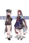  2girls absurdres ahoge black_shorts brown_hair chinese_clothes cosplay costume_switch flower flower-shaped_pupils genshin_impact gradient_hair hat hat_ornament highres hu_tao_(genshin_impact) kamisato_ayaka long_hair looking_at_viewer multicolored_hair multiple_girls porkpie_hat qixia red_shirt shirt shorts simple_background standing symbol-shaped_pupils thighs twintails white_hair 