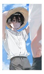  2boys adjusting_clothes adjusting_headwear armpits arms_up black_hair black_pants blue_eyes blue_sky blurry blurry_foreground blush closed_mouth clouds collared_shirt cowboy_shot day embarrassed glasses grey_pants hair_between_eyes hand_on_headwear hands_on_headwear hat highres male_focus ml_rmi multiple_boys original out_of_frame outdoors pants shirt shirt_tucked_in short_hair short_sleeves sky solo_focus straw_hat sun_hat sweat sweatdrop thick_eyebrows white_shirt 
