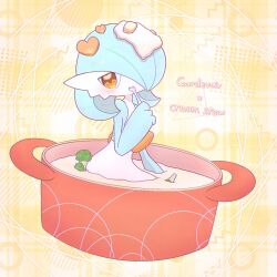  1girl :t alternate_color blue_hair blue_skin blush bob_cut broccoli carrot_slice character_name closed_mouth colored_skin commentary_request cooking_pot eating english_commentary english_text food food_focus food_on_head gardevoir hair_over_one_eye hand_up heart heart-shaped_food heart_in_eye highres holding holding_spoon in_container in_food looking_at_viewer mixed-language_commentary multicolored_skin object_on_head one_eye_covered orange_eyes partial_commentary partially_submerged pokemon pokemon_(creature) shiny_pokemon short_hair solo spoon stew symbol_in_eye two-tone_skin white_skin yellow_background yuri_(fl0werspace) 