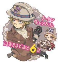  1boy bandaid bandaid_on_face bandaid_on_nose black_gloves blonde_hair blue_eyes brown_jacket car chibi eric_knikki facial_mark gloves identity_v jacket looking_ahead male_focus motor_vehicle norton_campbell norton_campbell_(highway_cavalier) official_alternate_costume propeller translation_request turtleneck twitter_username 