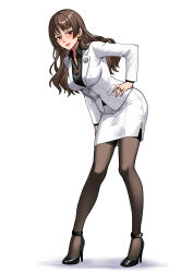  1girl black_shirt black_shorts brown_hair corruption dark_persona hadant high_heels highres jacket jewelry leaning_forward lipstick long_hair makeup office_lady pantyhose pencil_skirt persona persona_5 red_eyes shirt shorts skirt skirt_suit suit white_jacket white_skirt 