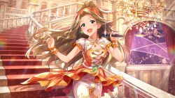  1girl balcony brown_hair bug butterfly butterfly_ornament chandelier concert crystal curtained_hair curtains dress earrings floating_hair flower flower_ornament frilled_dress frilled_sleeves frilled_wristband frills game_cg glint green_butterfly green_eyes hair_flower hair_ornament hairband handrail high_ponytail holding holding_microphone idol idol_clothes idolmaster idolmaster_million_live! idolmaster_million_live!_theater_days indoors jewelry long_hair microphone music nikaido_chizuru official_art on_stairs orange_dress orange_hairband ponytail puffy_sleeves railing red_flower sash screen singing stage stage_curtains stairs third-party_source two-tone_dress very_long_hair waist_sash walking white_dress white_sash wide_ponytail window wristband 