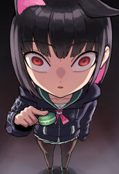  1girl animal_ears black_hair black_jacket black_pantyhose blue_archive cat_ears cat_girl colored_inner_hair commentary dark_background fisheye food green_sailor_collar green_shoes highres holding holding_food hood hood_down hooded_jacket jacket kazusa_(blue_archive) ksksksa looking_at_viewer macaron miniskirt multicolored_hair neckerchief pantyhose pink_hair pink_neckerchief pleated_skirt red_eyes sailor_collar shoes short_hair skirt sneakers solo standing symbol-only_commentary white_skirt 