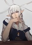  1boy annoyed apron commentary_request edamamebig elezen elf estinien_varlineau final_fantasy final_fantasy_xiv grey_background grey_hair highres long_hair male_focus pointy_ears shirt simple_background solo strap_slip upper_body white_shirt 