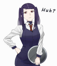  1girl asakiri_koko commentary_request english_text hand_on_own_hip highres holding holding_tray jill_stingray long_hair looking_at_viewer necktie pencil_skirt purple_hair purple_skirt purple_vest red_necktie simple_background skirt solo tray twintails va-11_hall-a vest violet_eyes white_background 