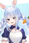  1girl amakami_konomi_(artist) animal_ear_fluff animal_ears blue_bow blue_bowtie blue_dress blue_eyes blue_hair bow bowtie braid carrot_hair_ornament dress eyes_visible_through_hair food-themed_hair_ornament fusion hair_ornament highres hololive hoshimachi_suisei long_hair looking_at_viewer maid minato_aqua multicolored_hair open_mouth puffy_short_sleeves puffy_sleeves rabbit_ears rabbit_girl shirt short_sleeves smile solo star_(symbol) star_in_eye symbol_in_eye twin_braids two-tone_hair usada_pekora virtual_youtuber white_hair white_shirt 