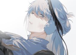  1boy bird_boy blue_eyes blue_hair blue_shirt commentary hair_between_eyes head_wings long_hair looking_at_viewer male_focus maou-jou_de_oyasumi odile_(maou-jou_de_oyasumi) parted_lips sal_gun shirt simple_background solo white_background wings 