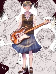  1girl bass_guitar black_socks black_sweater_vest blue_sandals blue_skirt blush collared_shirt commentary_request commission commissioner_name dress_shirt drooling emphasis_lines fender_jazz_bass full_body futsuu_no_keion-bu guitar_strap hair_ornament hairclip hairpin holding holding_bass_guitar holding_instrument instrument kouyama_rin mero_letter mouth_drool multiple_views name_tag parallel_hairclips partially_colored pixie_cut pleated_skirt sandals scene_reference school_uniform shirt short_hair short_sleeves skeb_commission skirt slides smile socks sparkle sparkling_aura standing sweat sweater_vest thank_you white_shirt 