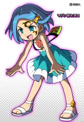  1girl bag blue_dress blue_eyes blue_hair commentary_request copyright_notice dark_persona dress facial_tattoo hair_ornament handbag kamiya_hiyoko medium_hair multicolored_dress mushiking official_art open_mouth sandals shin_kouchuu_ouja_mushiking shirataki shoulder_bag sleeveless sleeveless_dress solo sundress tattoo white_dress white_sandals 