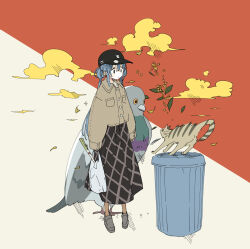 1girl alternate_costume alternate_hairstyle animal bag baseball_cap bird black_hat blue_hair brown_jacket cat clouds commentary full_body grey_shoes hashimochi hat hatsune_miku highres holding holding_bag jacket long_skirt long_sleeves oversized_animal pigeon plaid_clothes plaid_skirt shoes skirt solo spring_onion standing surprised symbol-only_commentary trash_can vocaloid 