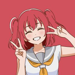  1girl blush breasts close-up closed_eyes double_v grey_sailor_collar head_tilt highres kurosawa_ruby love_live! love_live!_sunshine!! necktie nose one_eye_closed pink_background red_hair sailor_collar school_uniform serafuku short_sleeves short_twintails simple_background sleeve_cuffs smile solo summer_uniform teeth twintails uranohoshi_school_uniform uyu1023 v yellow_necktie 