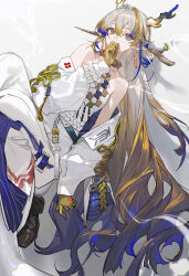  1girl absurdres ame_jang arknights bare_shoulders bead_bracelet beads black_shoes blonde_hair bracelet chinese_knot colored_extremities commentary_request covering_own_mouth eyeshadow green_eyes grey_hair hair_between_eyes hair_intakes hand_over_own_mouth highres horns jacket jewelry long_hair long_sleeves looking_at_viewer makeup multicolored_hair necklace off_shoulder open_clothes open_jacket pants pointy_ears prayer_beads shoes shu_(arknights) solo strapless streaked_hair tail tassel tube_top very_long_hair white_jacket white_pants 