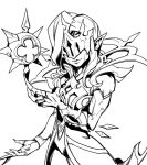  1boy armor character_request claws closed_mouth cowboy_shot facing_viewer greyscale league_of_legends long_hair mask monochrome muscular muscular_male phantom_ix_row pointy_ears solo vladimir_(league_of_legends) 