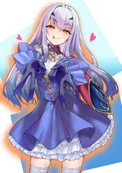  1girl absurdres aiguillette blue_cape blue_dress blush breasts cape double_v dress fate/grand_order fate_(series) flower forked_eyebrows heart highres long_hair long_sleeves looking_at_viewer melusine_(fate) melusine_(second_ascension)_(fate) rose sidelocks small_breasts smile solo suiete thigh-highs v white_flower white_hair white_rose white_thighhighs yellow_eyes 